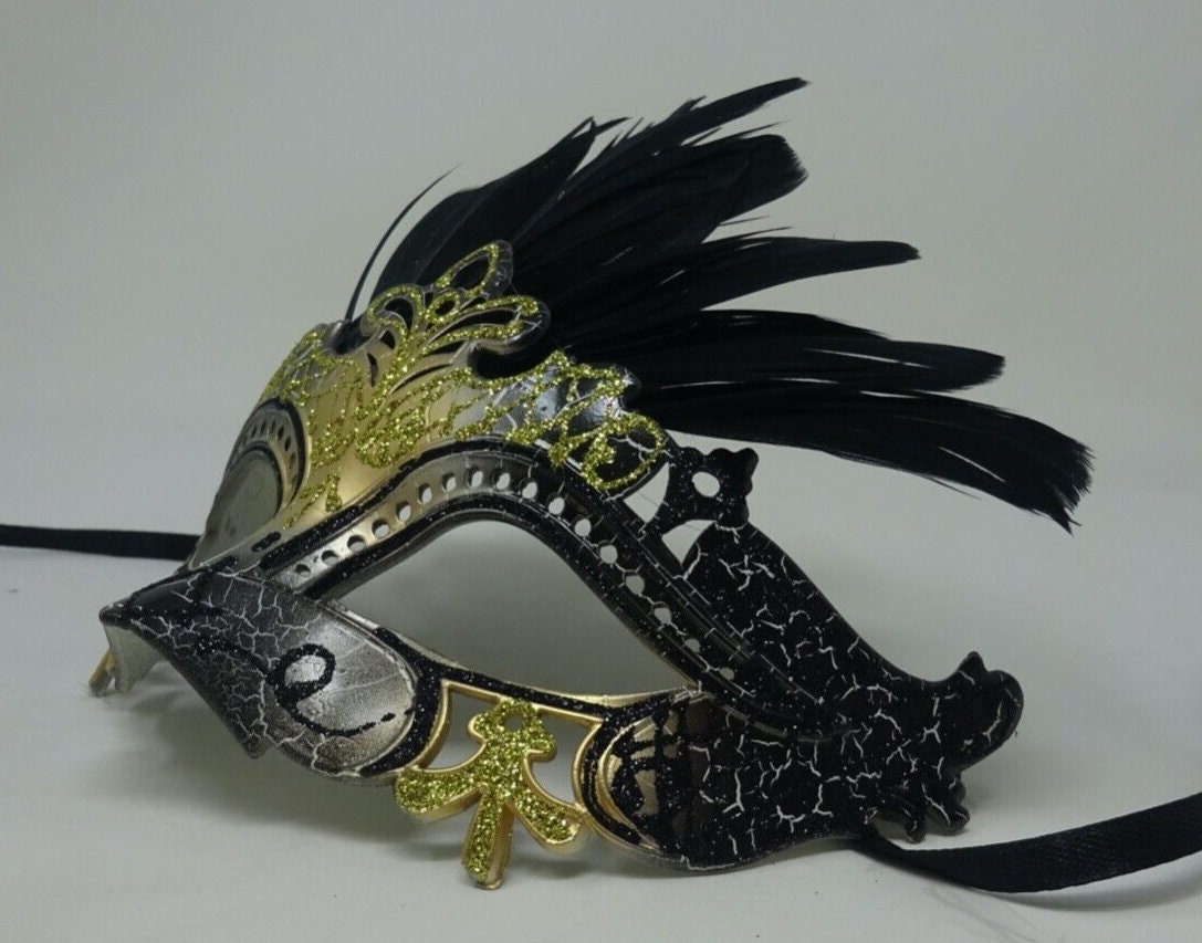Black and Gold Rialto Masquerade Ball Carnival Party Mask with Feathers