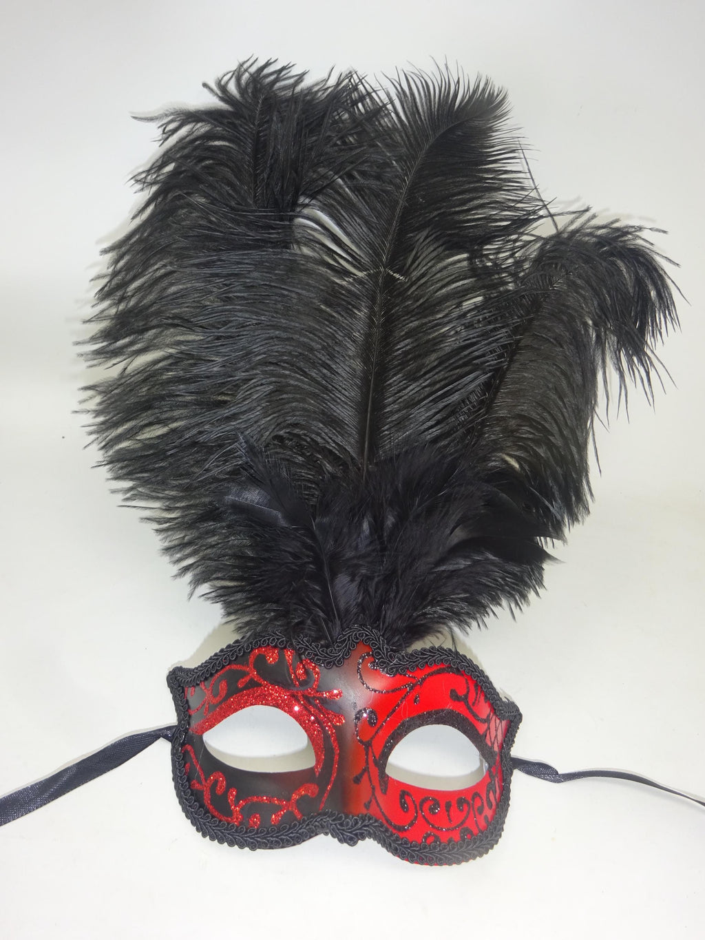 Red and Black Masquerade Eye Mask with Long Feathers for Party Prom Masked Ball