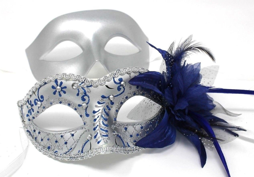 Blue and Silver Flower His and Hers Couple Masquerade Masks