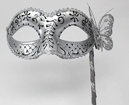 Black and Silver Jewelled Masquerade Prom Party Ball Eye Mask on a Silver Stick with Butterfly Hand Held