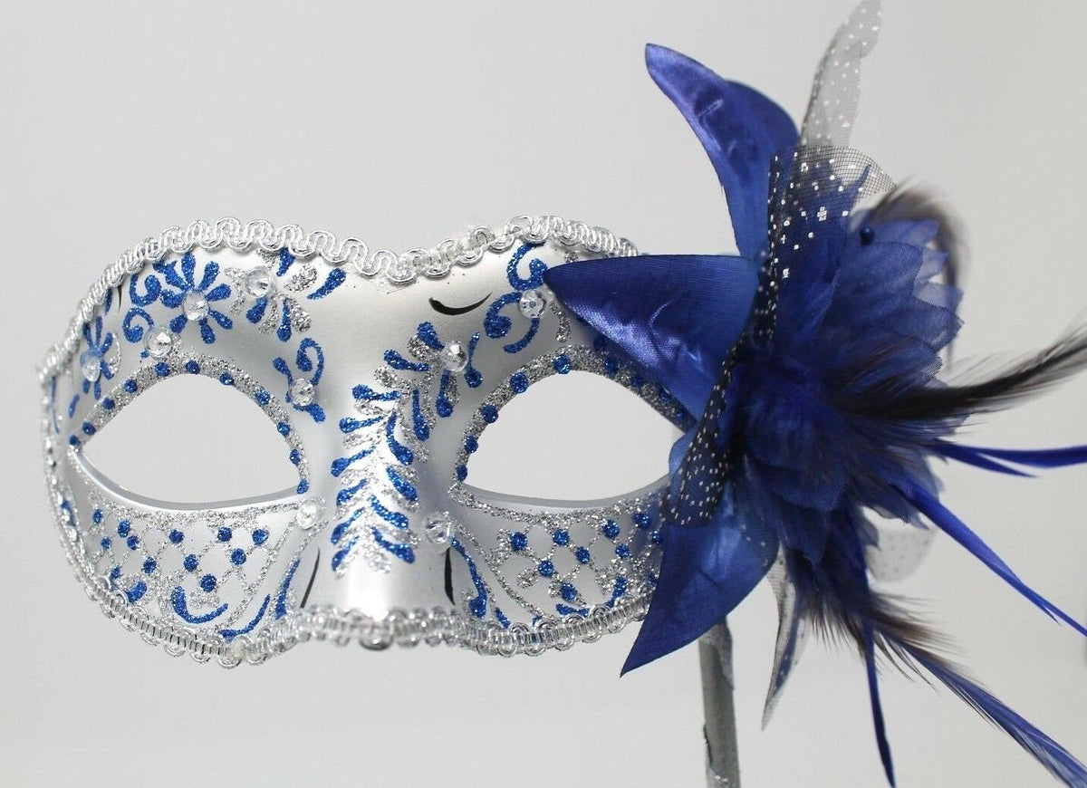 Blue and Silver Jewelled Party Masquerade Wedding Bridal ball Eye Mask on Stick with Flower