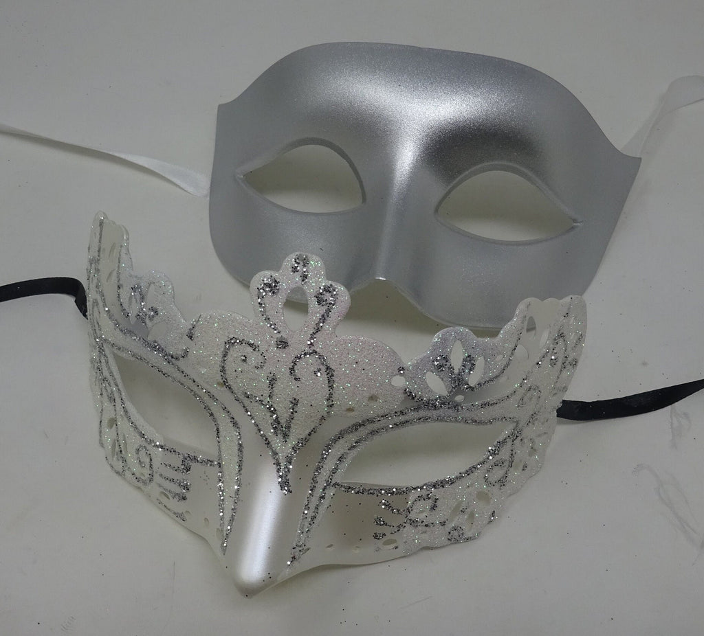 Silver and White Pair of Venetian Masquerade Party Ball Masks for Couples