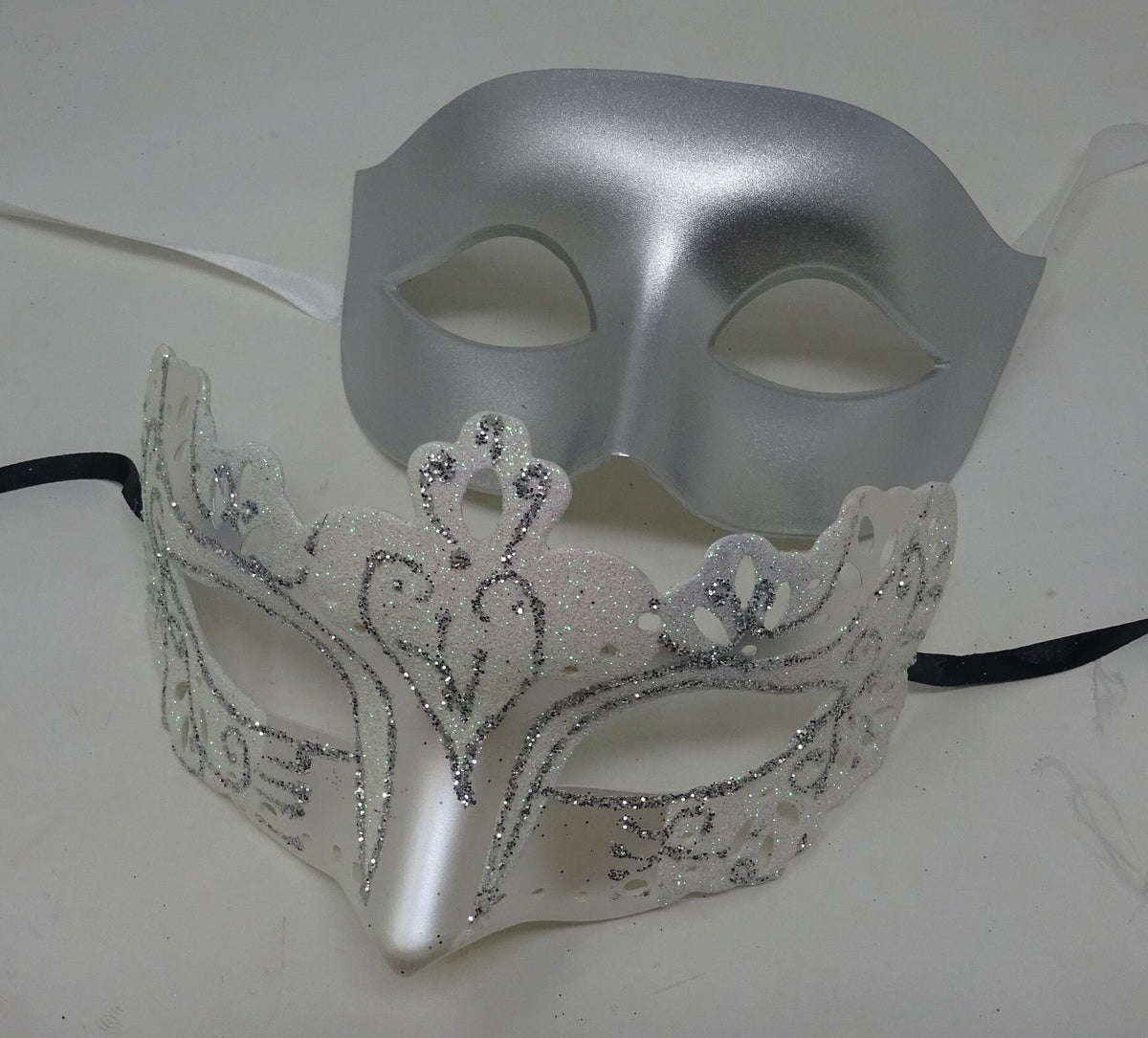 Silver and White Pair of Venetian Masquerade Party Ball Masks for Couples