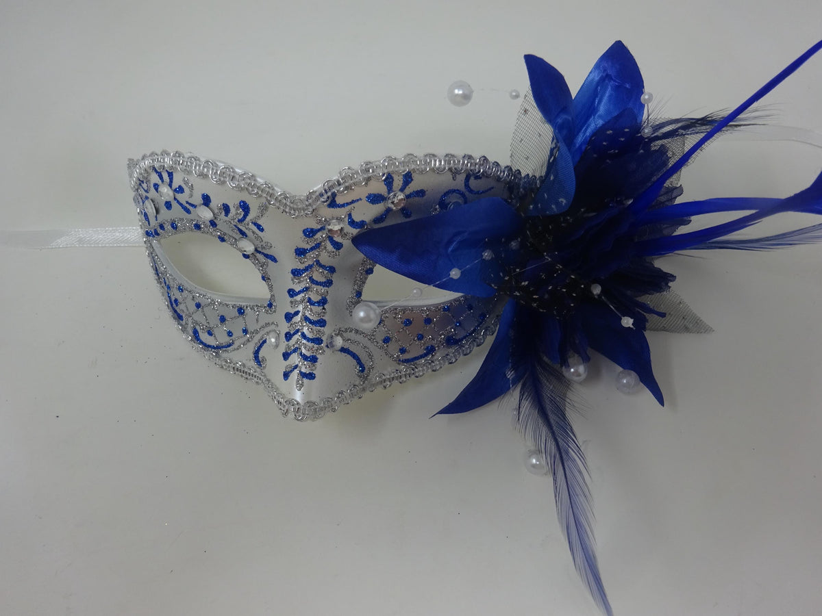 Blue and Silver Masquerade Mask with Flower Long Slim Feathers Beaded Stamens and Organza Enhanced with Clear Jewels