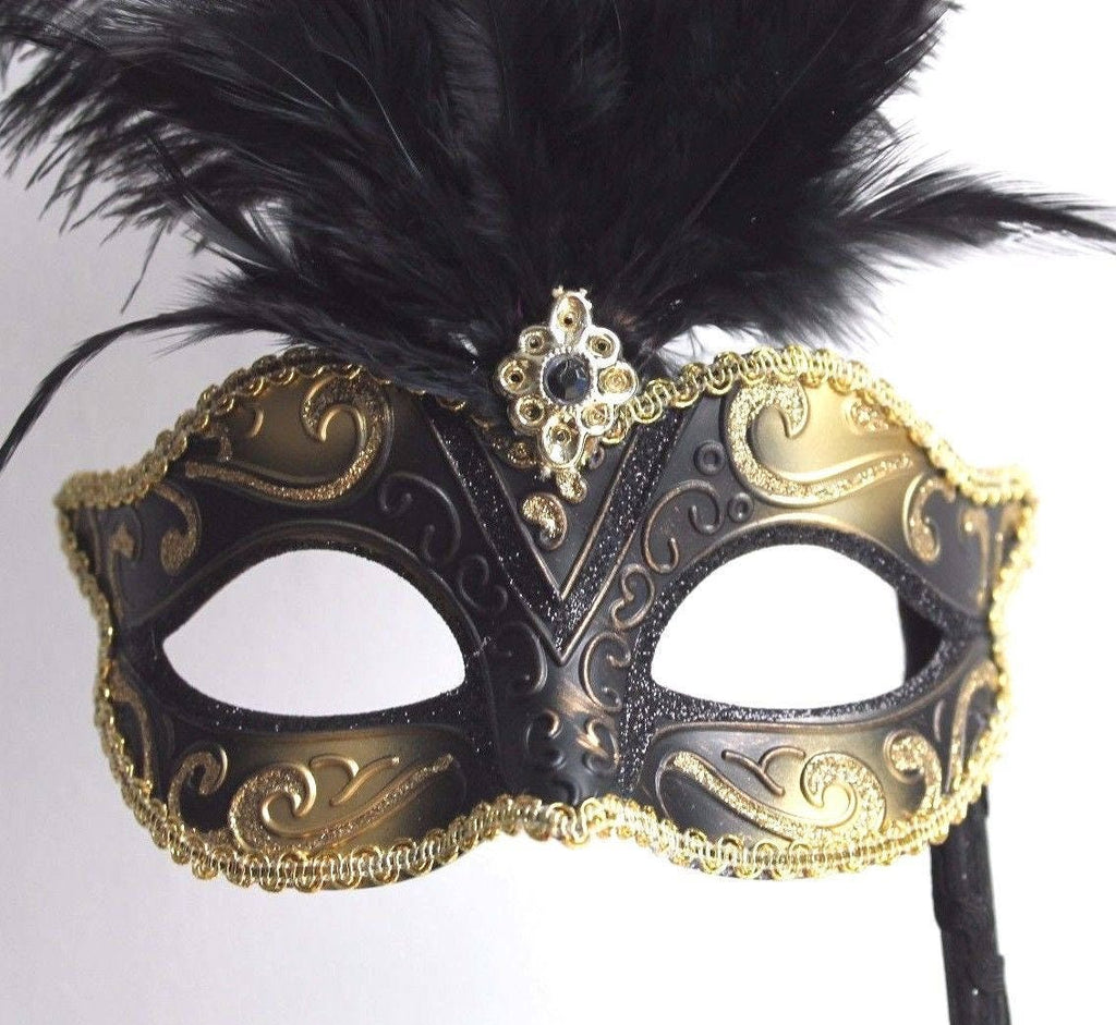 Black & Gold Tall Feather Mask on a Stick