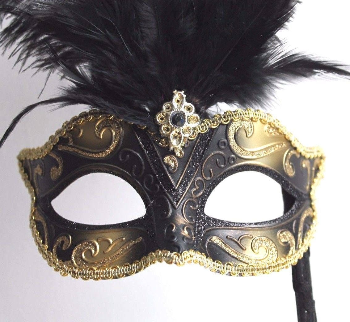 Black & Gold Tall Feather Mask on a Stick