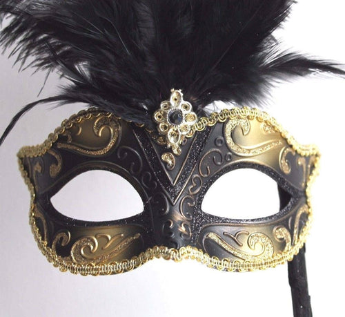 Black & Gold Tall Feather Mask on a Stick