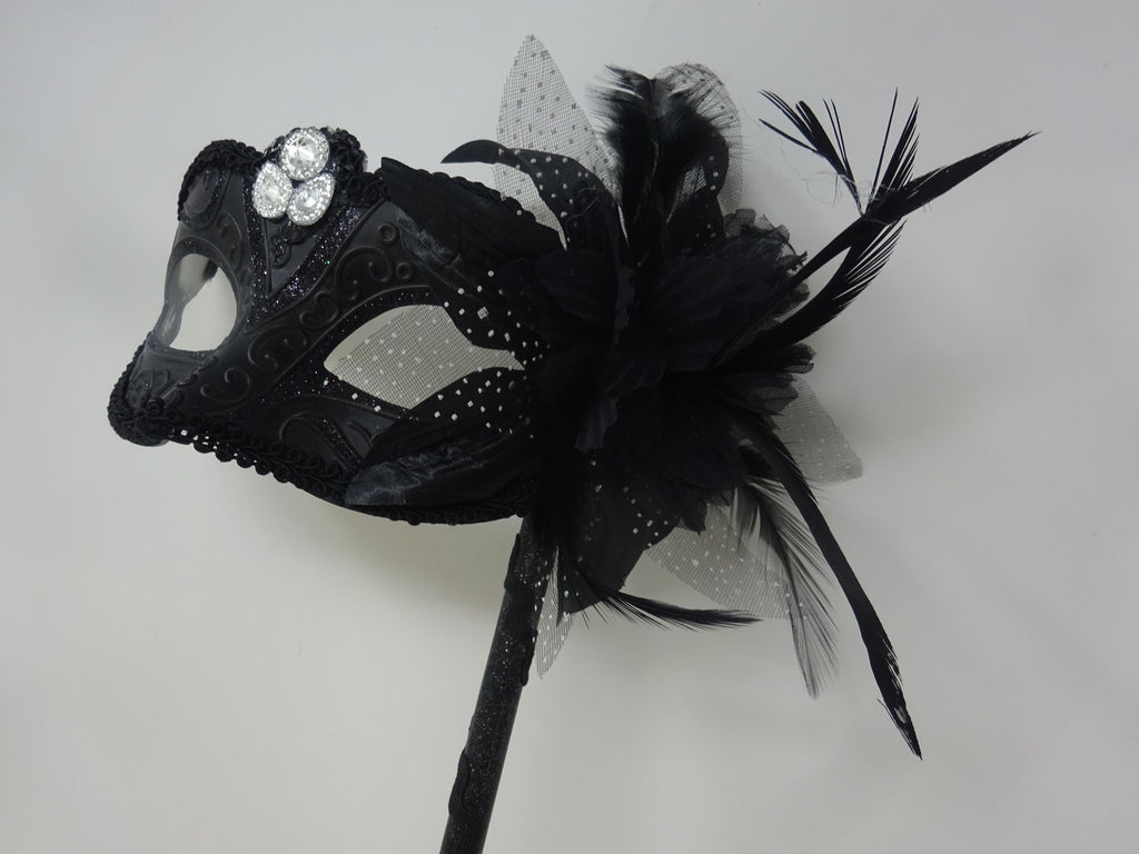 Ladies Black Jewelled Masquerade Mask on a Stick with Flower and Feathers