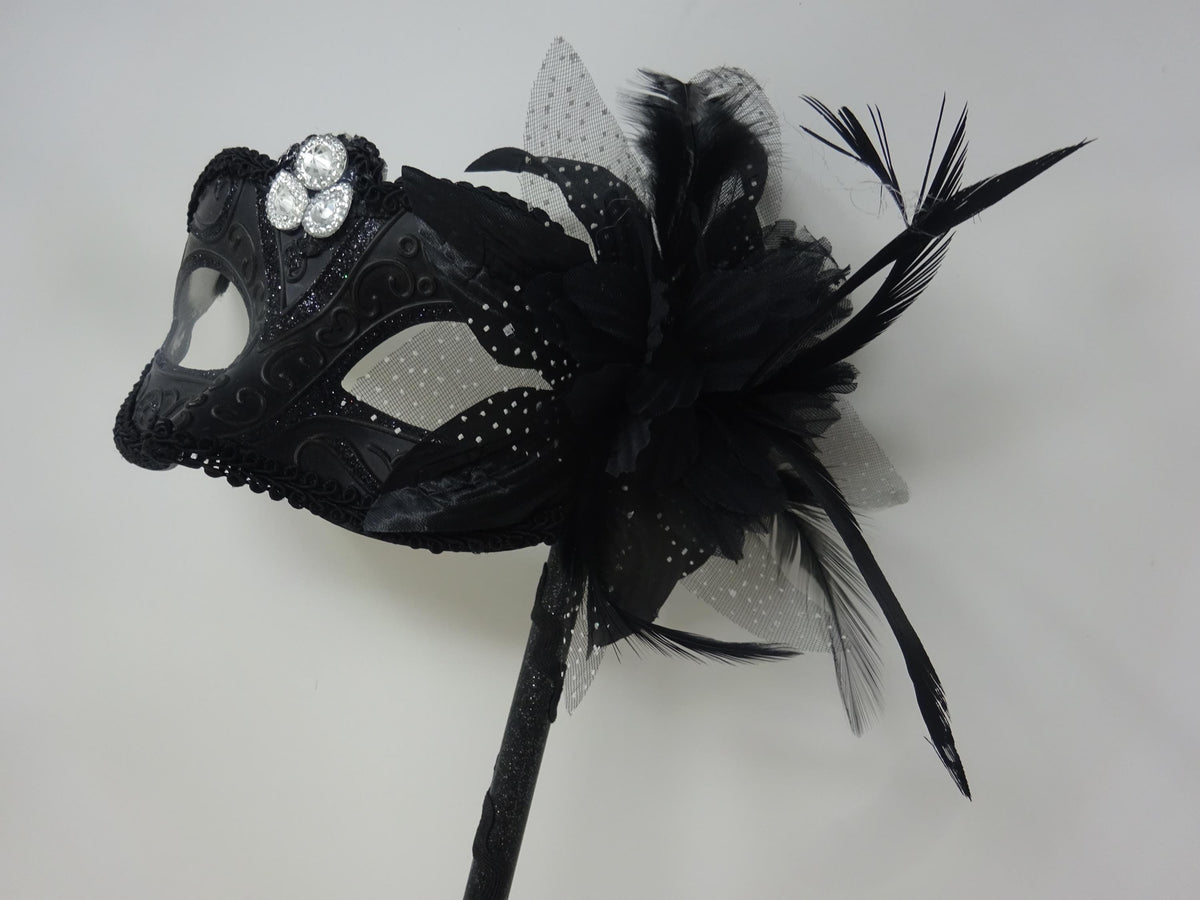 Ladies Black Jewelled Masquerade Mask on a Stick with Flower and Feathers