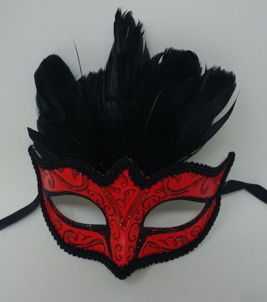 Red and Black Masquerade Eye Mask with Feathers for Party Prom Masked Ball