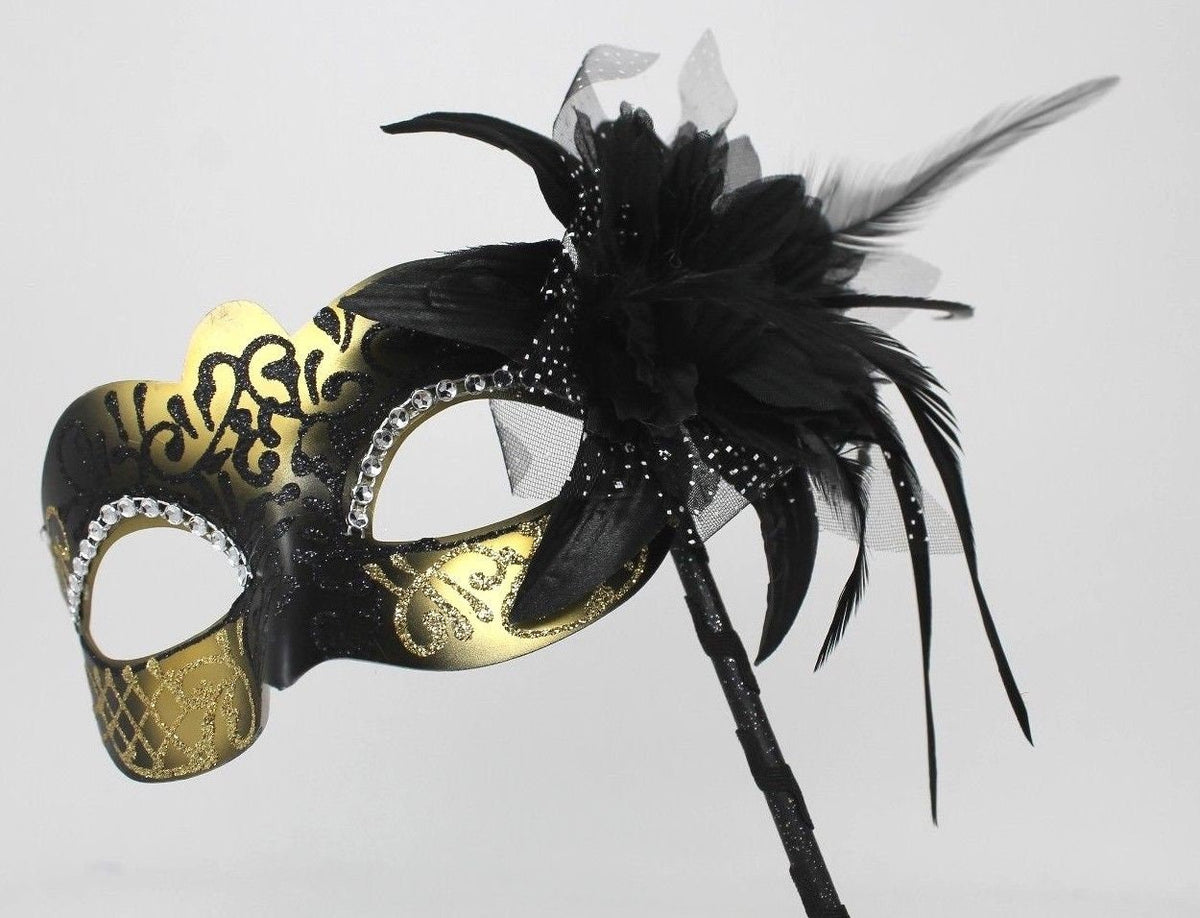 Black and Gold Masquerade Mask on a Stick with Flower Detail