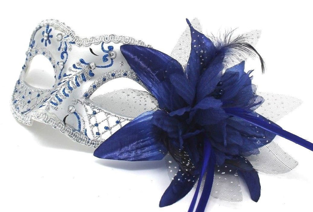 Blue and Silver Masquerade Mask with Flower