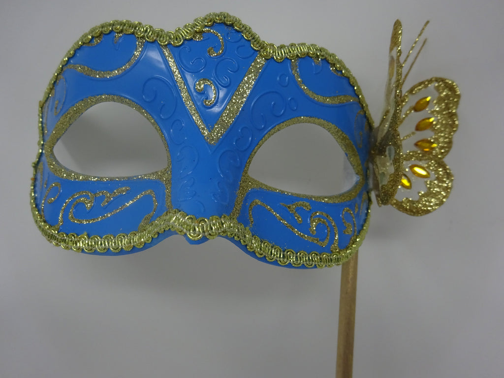 Turquoise and Gold Masquerade Party Carnival Ball Mask on a Gold Stick with Butterfly