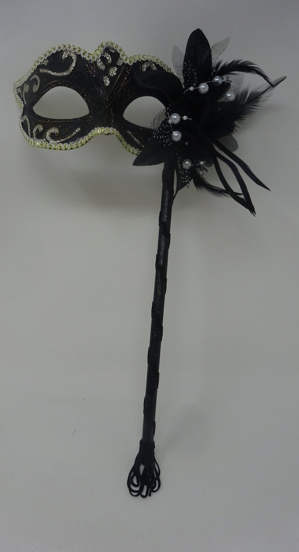 Stunning Black, Bronze Silver and Gold Masquerade Mask on a Black Stick with Flower and Pearls