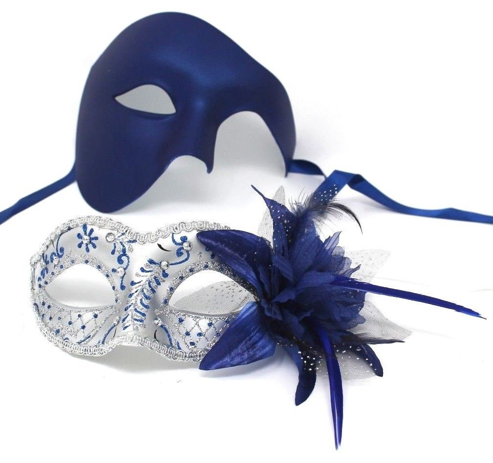 Blue and Silver Flower Phantom His and Hers Couple Masquerade Masks