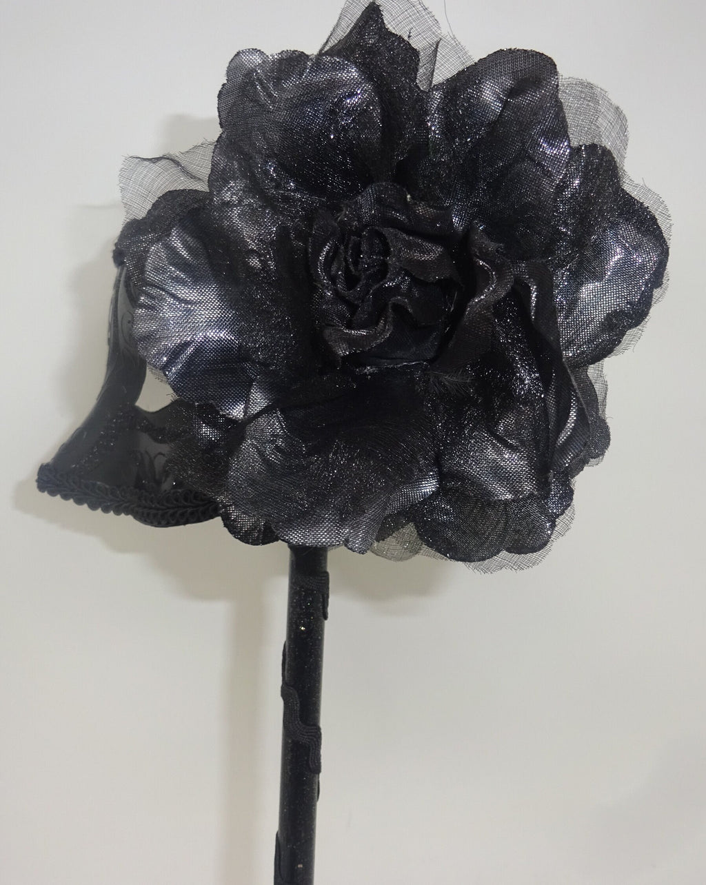 Black Masquerade Ball Carnival Party Mask on a Stick with Silver Sheen Rose Flower Detail Hand Held