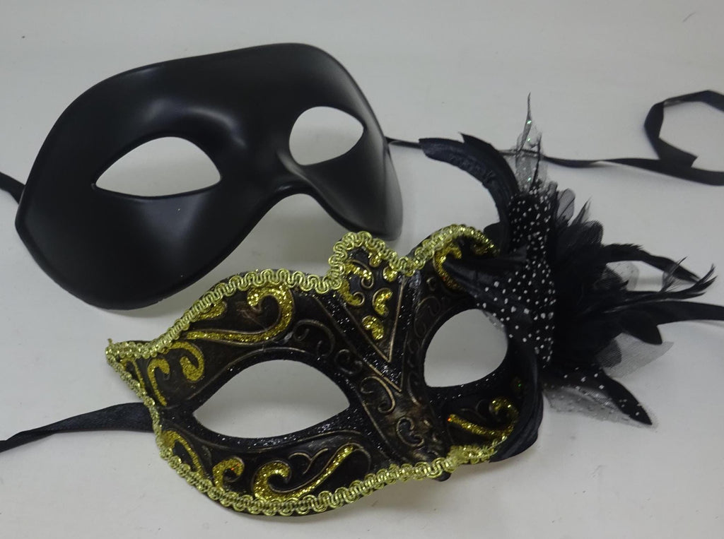 Couples His and Hers Masquerade Masks in Gold, Black and Bronze with Flower Detail
