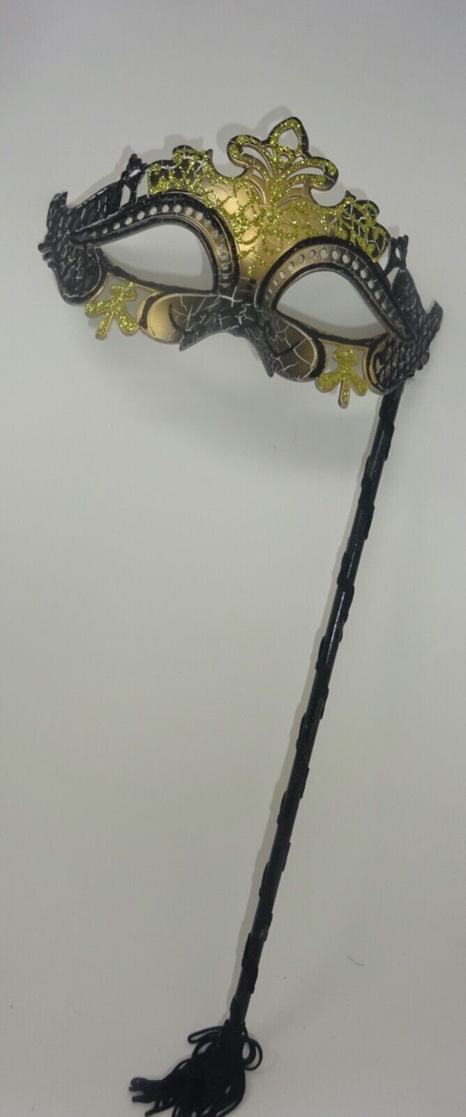 Black and Gold Rialto Masquerade Ball Party Carnival Eye Mask Hand Held on a Stick