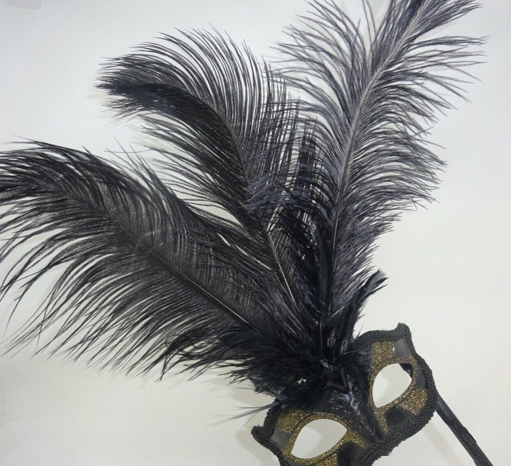 Ladies Black and Gold Masquerade Carnival Mask with Long Feathers and Centre Jewel