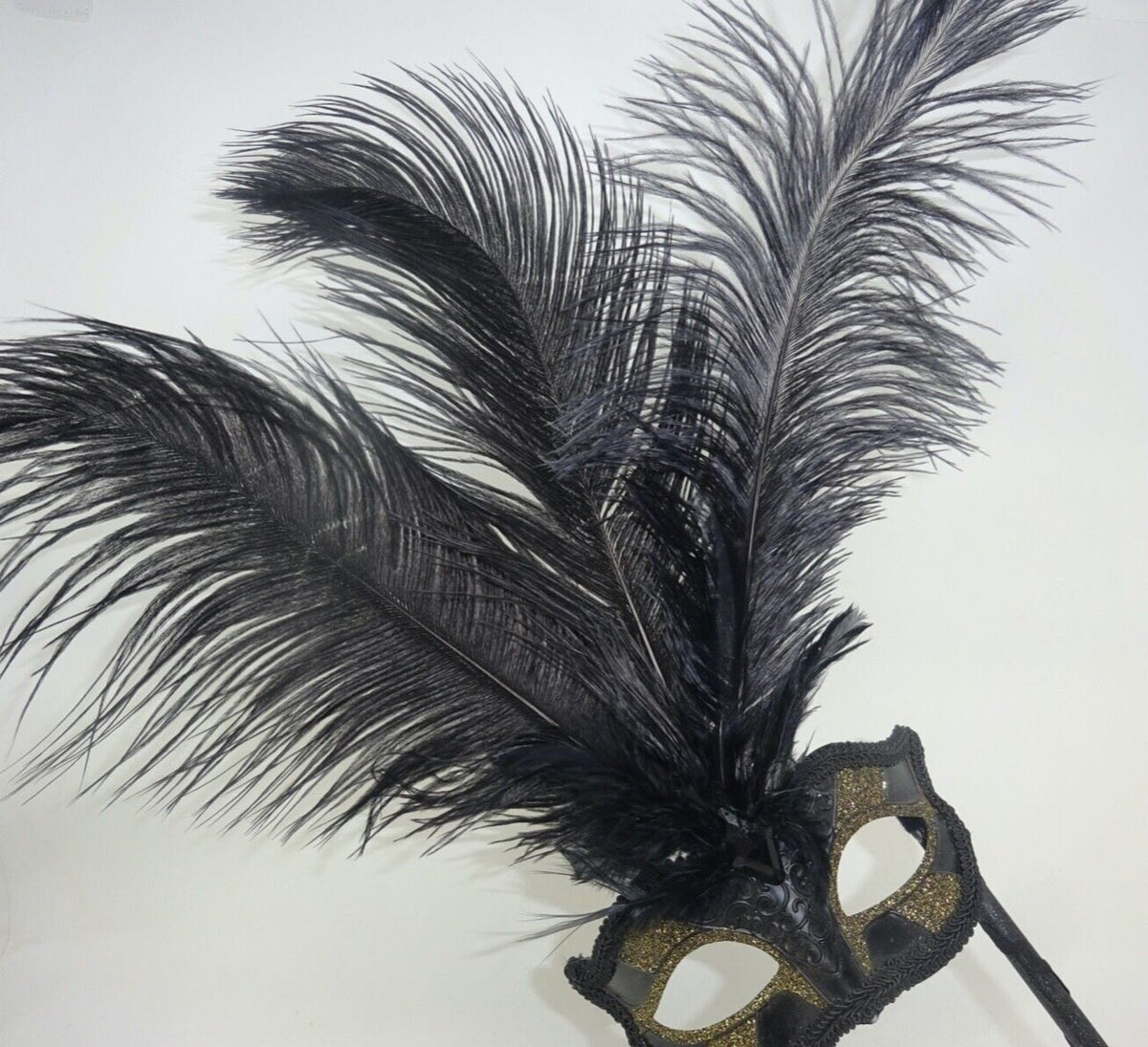 Ladies Black and Gold Masquerade Carnival Mask with Long Feathers and Centre Jewel