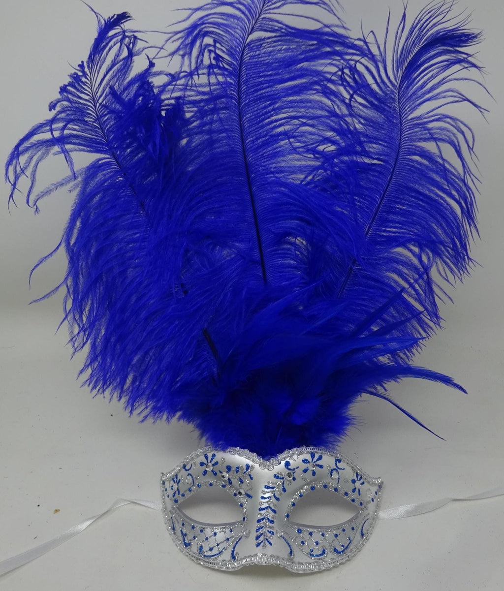 Ladies Blue and Silver Long Feather Venetian Masquerade Party Ball Prom Eye Mask