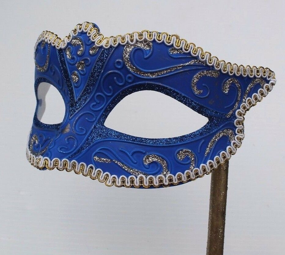 Blue and Gold Venetian Masquerade Party Carnival Eye Mask on a Gold Stick