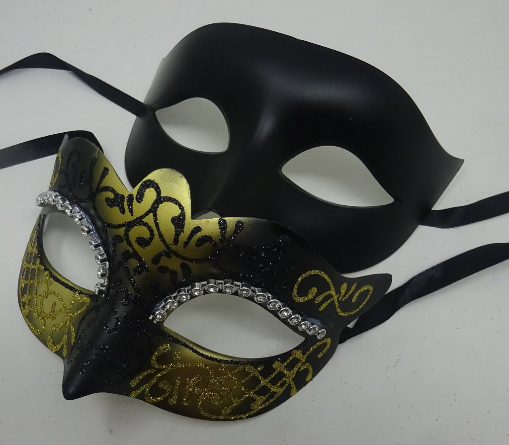 His and Hers Black and Gold Pair of Male and Female Couples Masquerade Masks