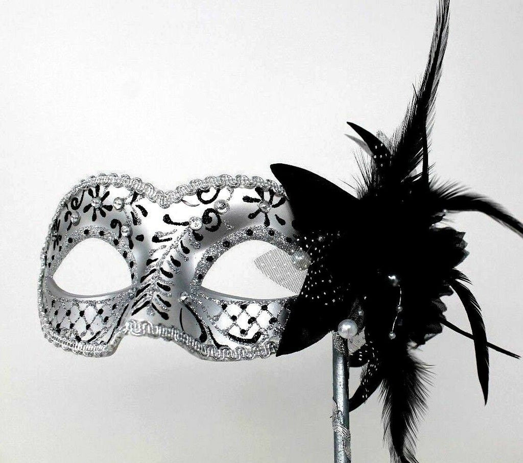 Stunning Black and Silver Venetian Masquerade Prom Ball Party Eye Mask with a Flower on a Silver Stick with Clear Jewels