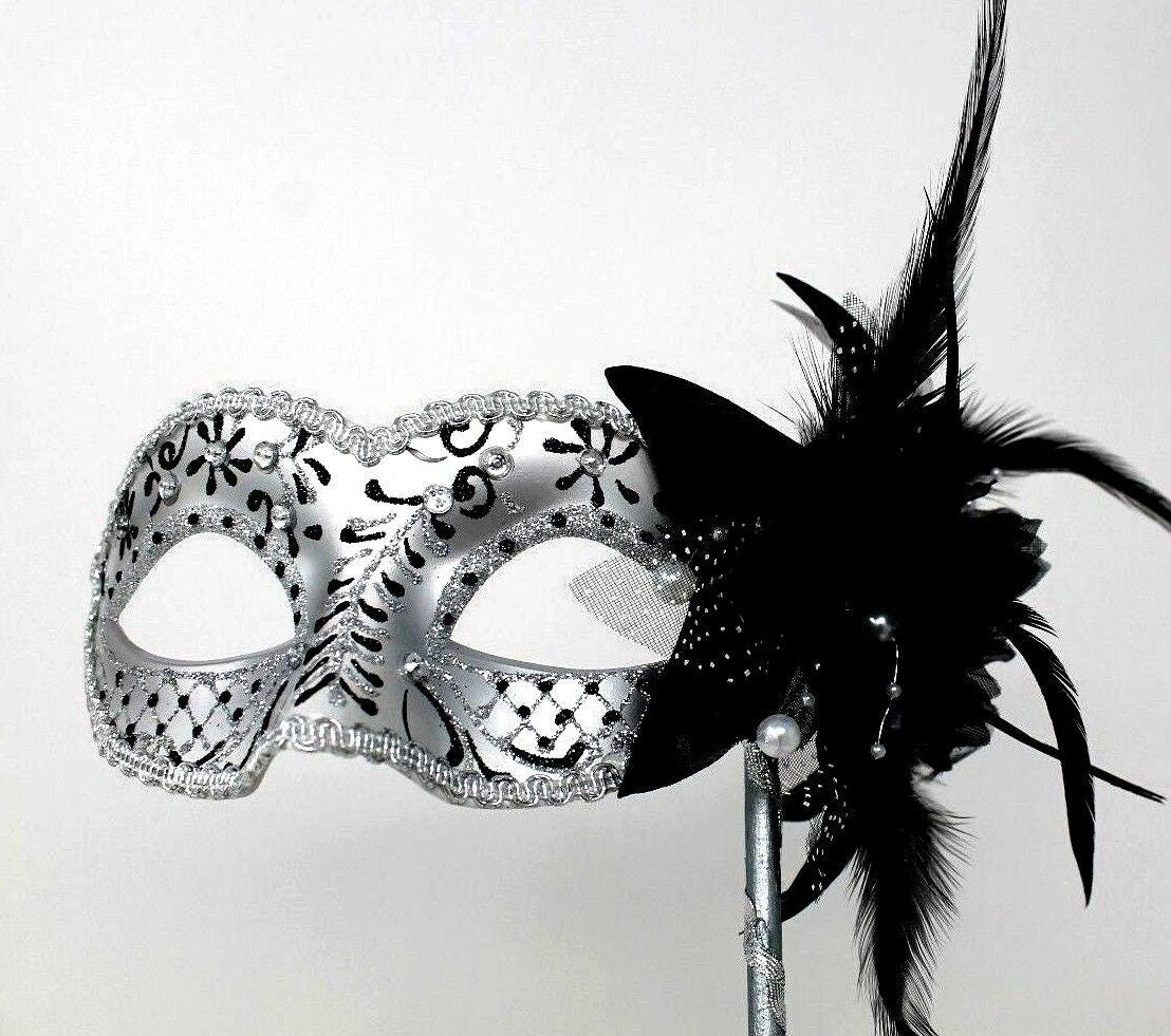 Stunning Black and Silver Venetian Masquerade Prom Ball Party Eye Mask with a Flower on a Silver Stick with Clear Jewels