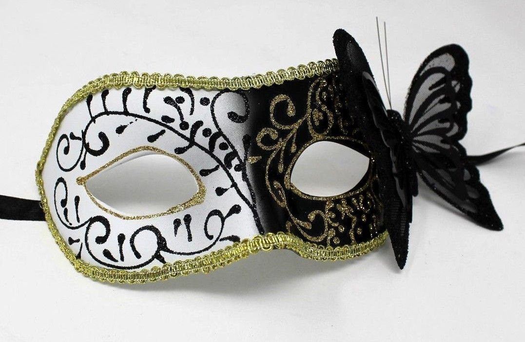 Black and Gold Masquerade Mask with Black Butterfly Details