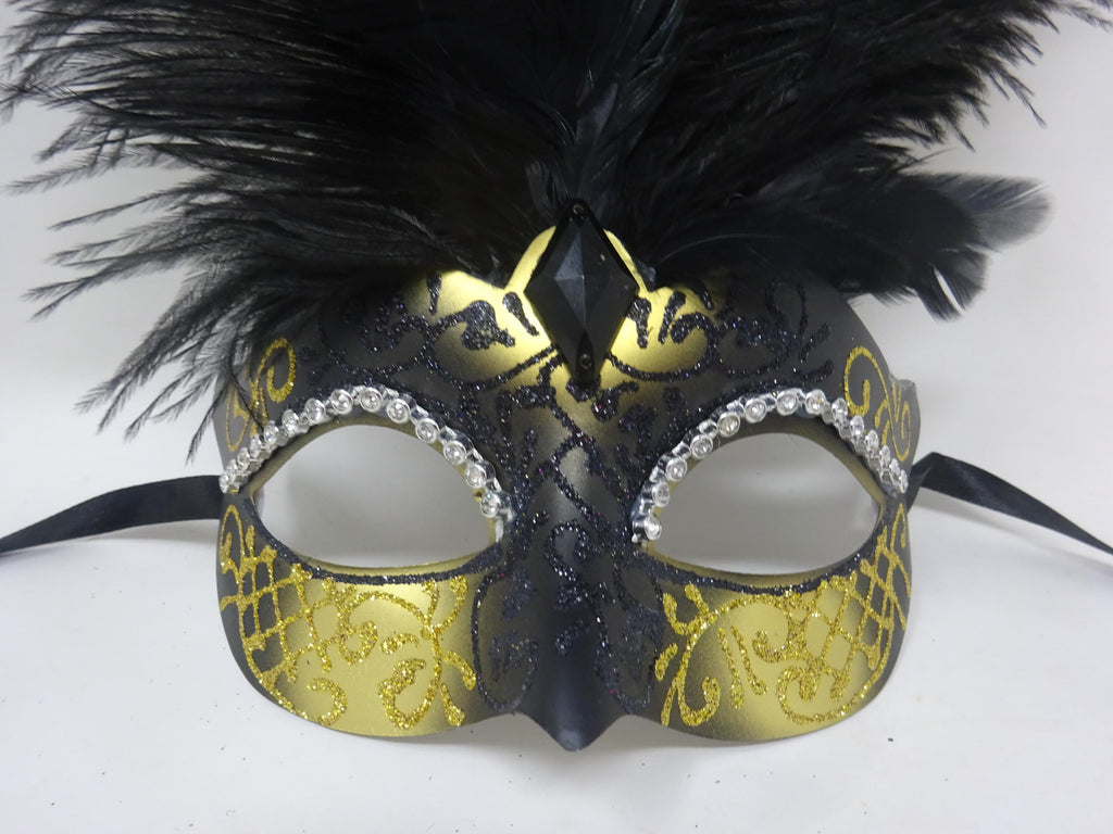 Black and Gold Venetian Masquerade Ball Carnival Party Prom Mask with Long Feathers and Diamontes