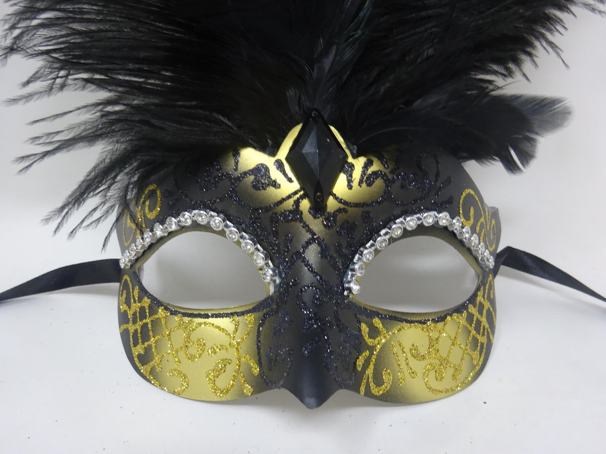 Black and Gold Venetian Masquerade Ball Carnival Party Prom Mask with Long Feathers and Diamontes