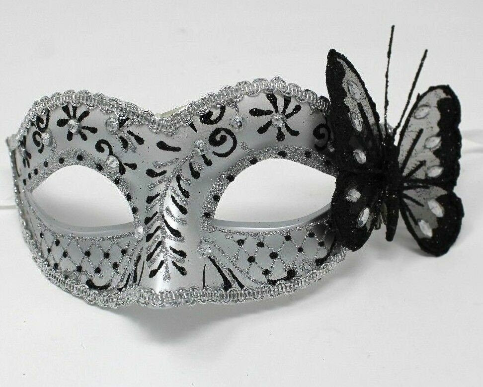 Black and Silver Jewelled Masquerade Mask with Sparkling Butterfly Detail