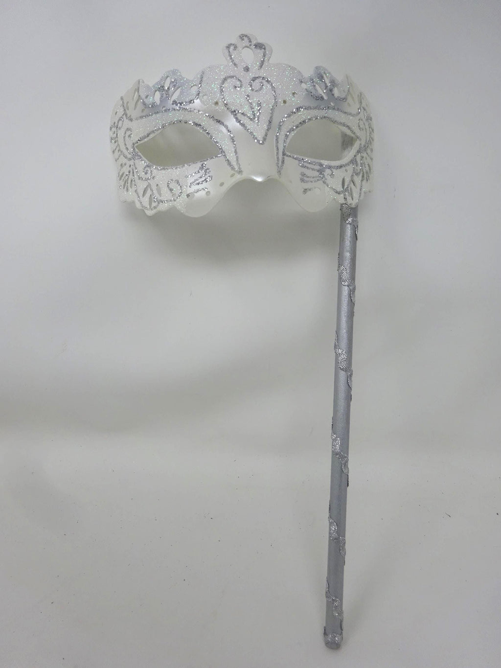 Ladies White and Silver Masquerade Party Carnival Ball Mask Hand Held on a Wooden Stick