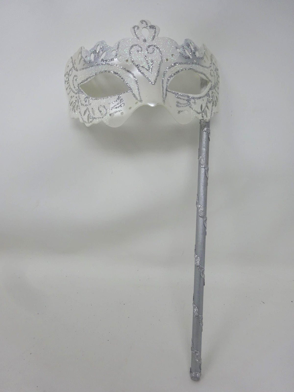 Ladies White and Silver Masquerade Party Carnival Ball Mask Hand Held on a Wooden Stick