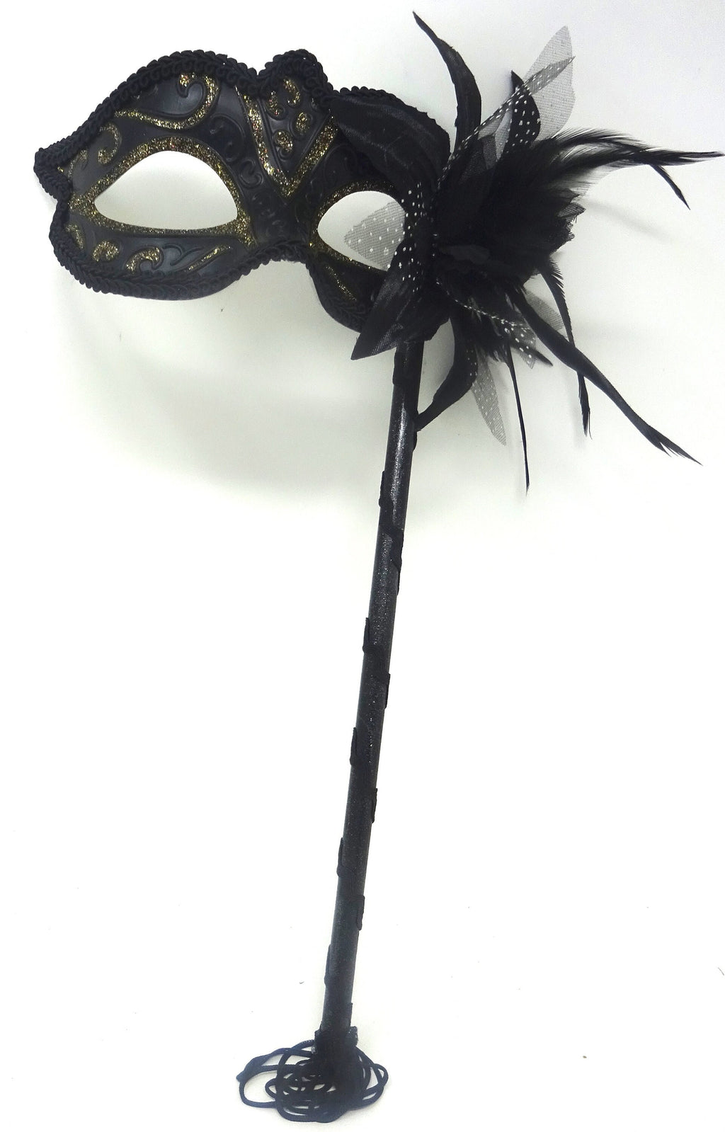 Gold and Black Masquerade Party Carnival Ball Mask Hand Held on a Black Stick with Flower