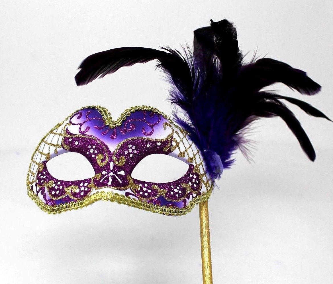 Stunning Purple and Gold Masquerade Mask on a Gold Stick with Feather Detail