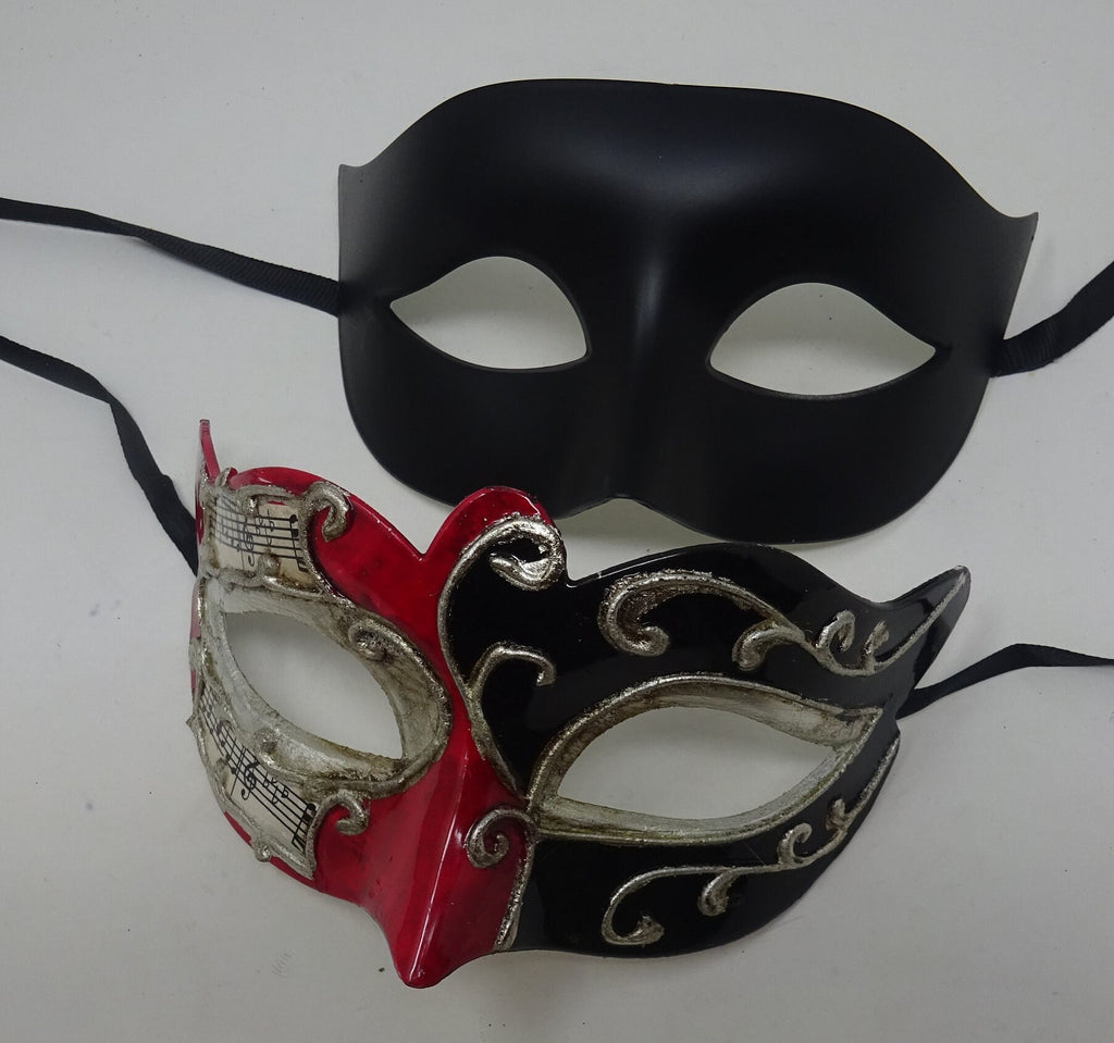 Musical Script Red Silver and Black His and Hers Couples Pair of Masquerade Masks