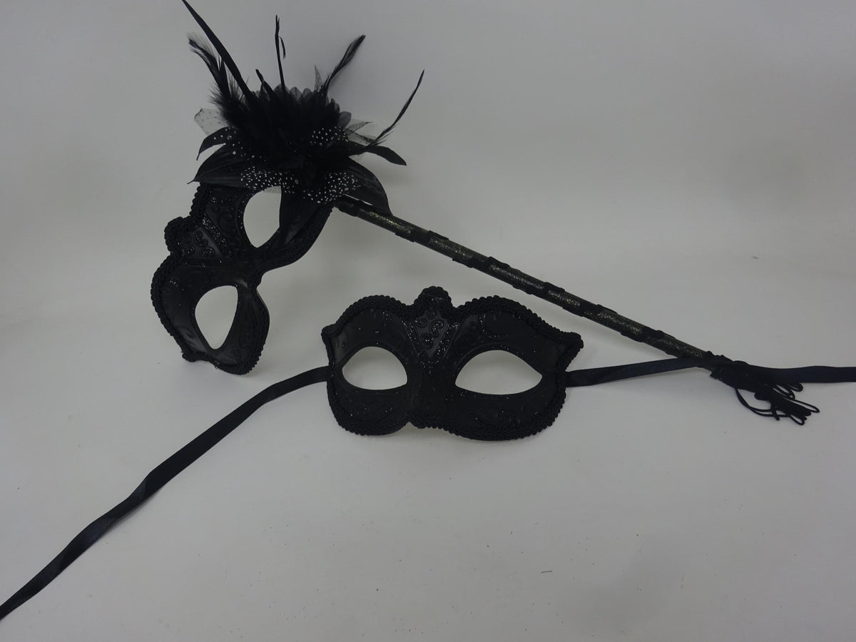 Black His n Hers Couples Masquerade Party Carnival Eye Masks with Flower and Stick