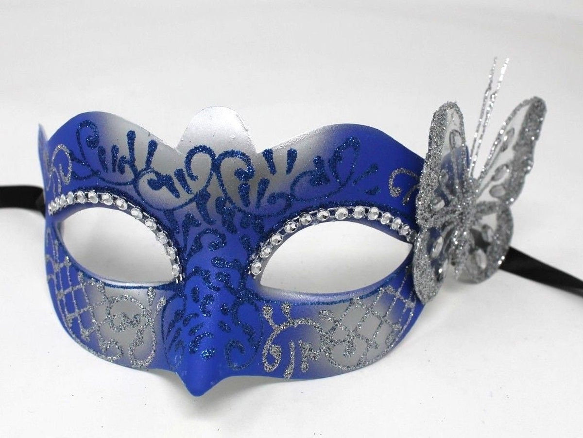 Blue and Silver Masquerade Mask with Silver Butterfly Details