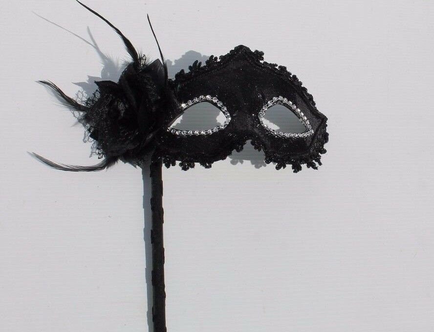 Stunning Sparkling Black Masquerade Mask with Diamontes and Flower on a Black Stick