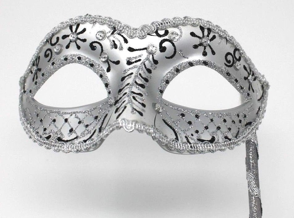 Black and Silver Masquerade Mask on a Silver Stick