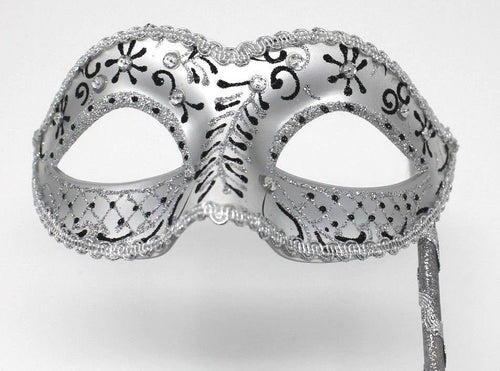 Black and Silver Masquerade Mask on a Silver Stick