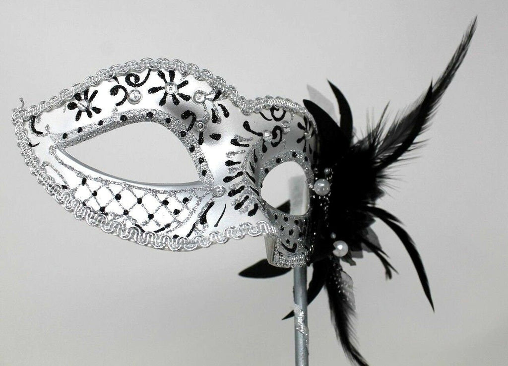 Stunning Black and Silver Venetian Masquerade Prom Ball Party Eye Mask with a Flower on a Silver Stick with Clear Jewels