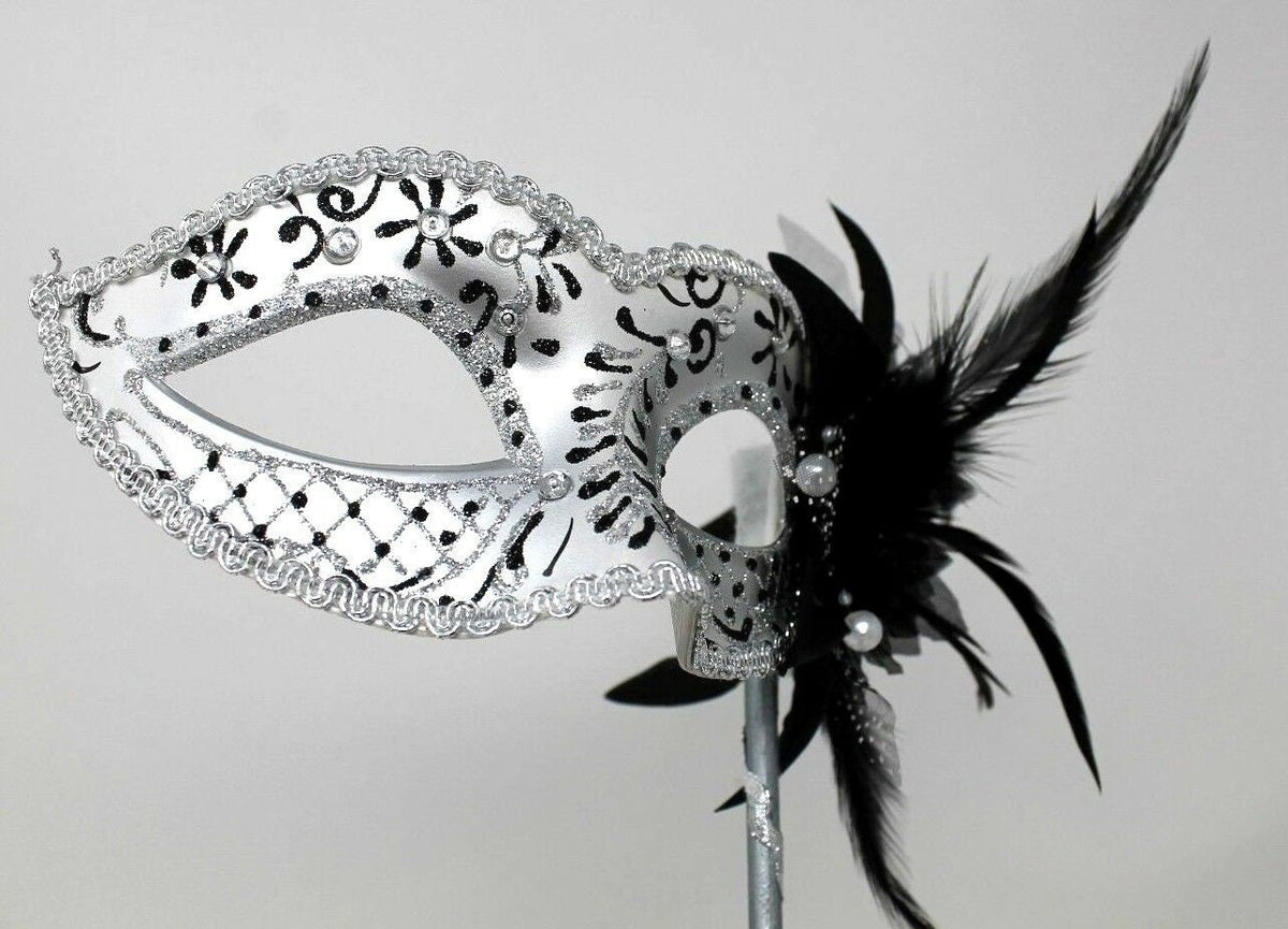 Stunning Black and Silver Venetian Masquerade Prom Ball Party Eye Mask with a Flower on a Silver Stick with Clear Jewels