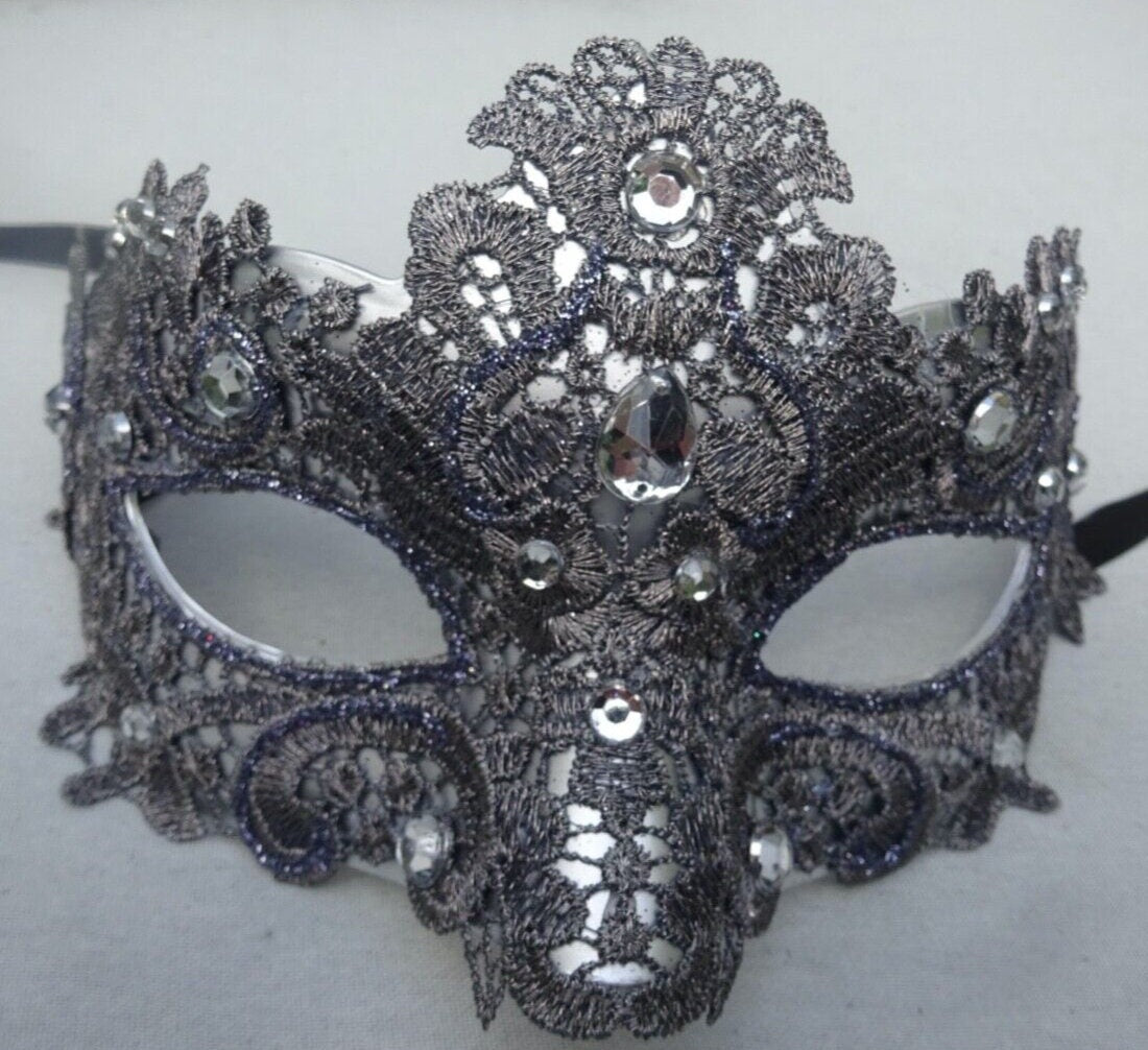 Silver Grey Brocade Lace Masquerade Party Carnival Eye Ball Mask