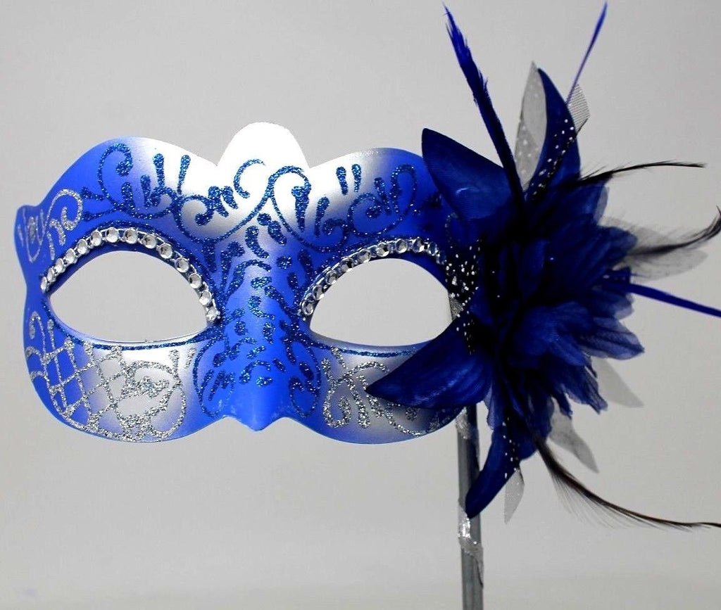Blue and Silver Diamonte Mask on Stick with Flower