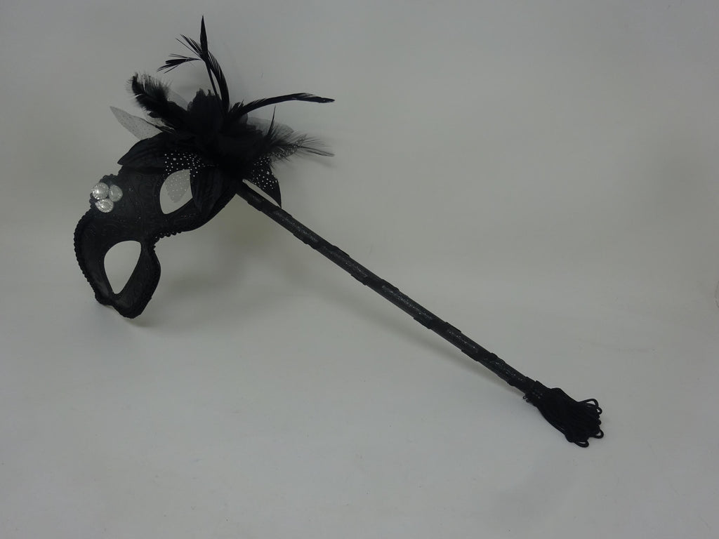 Ladies Black Jewelled Masquerade Mask on a Stick with Flower and Feathers