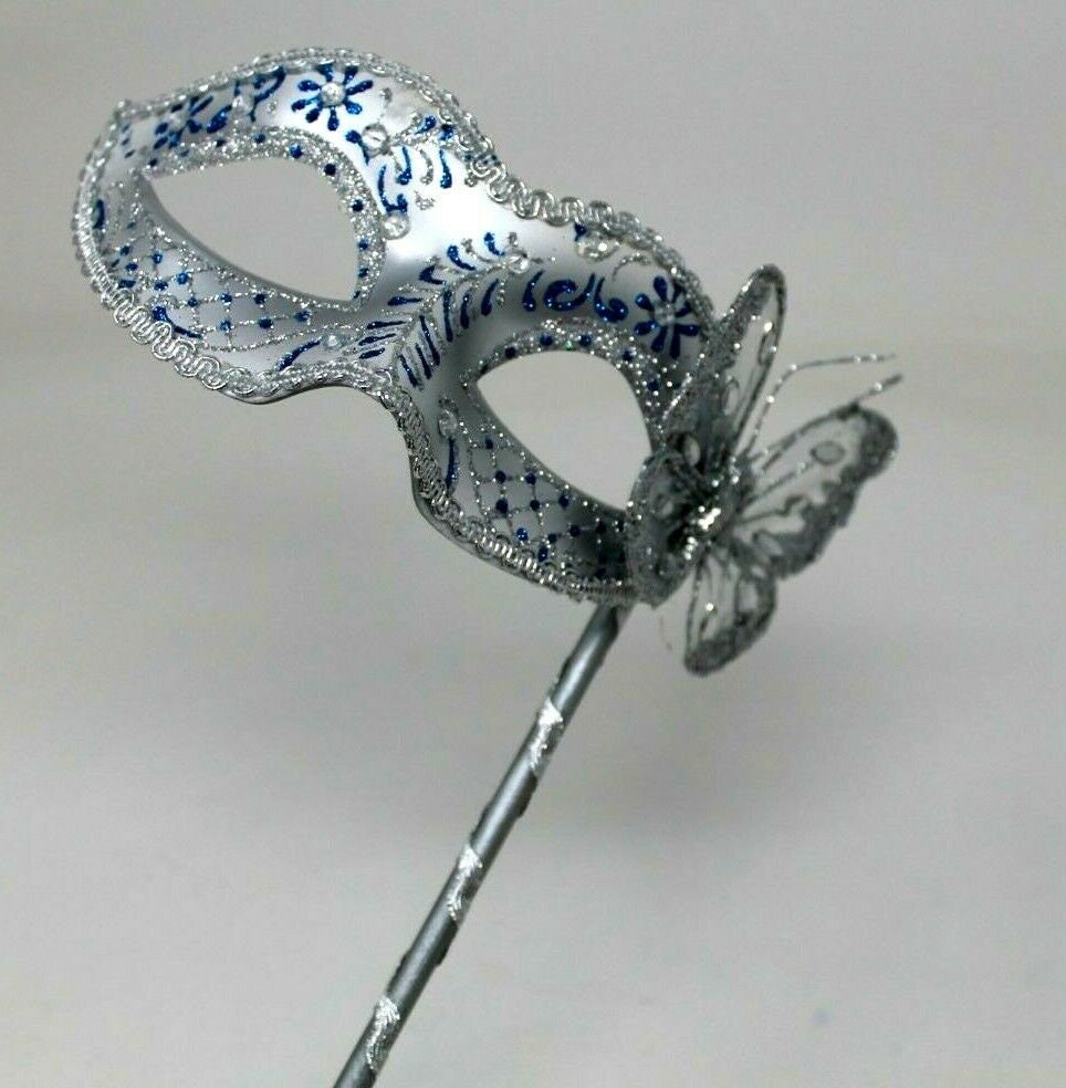 Blue and Silver Jewelled Party Masquerade Wedding Bridal ball Eye Mask on Stick with a Butterfly