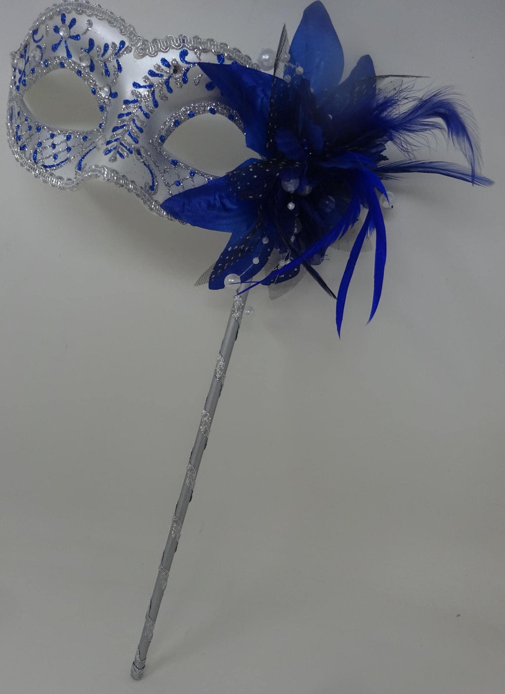 Blue and Silver Jewelled Party Masquerade Wedding Bridal ball Eye Mask on Stick with Flower and Feathers